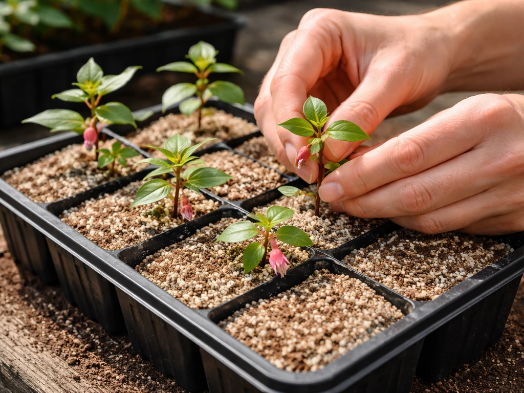 Hands placing fuchsia cuttings into small pots of rooting medium on a simple garden bench.