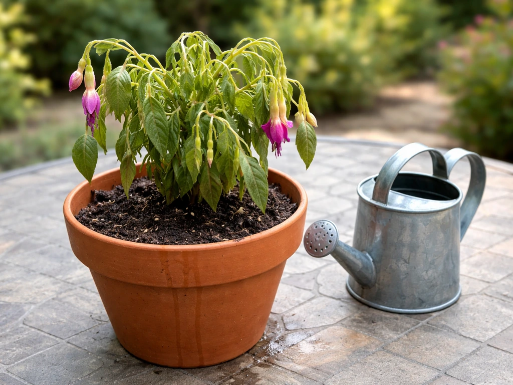 Wilting fuchsia in a pot with damp soil and a watering can nearby, suggesting proper moisture management.