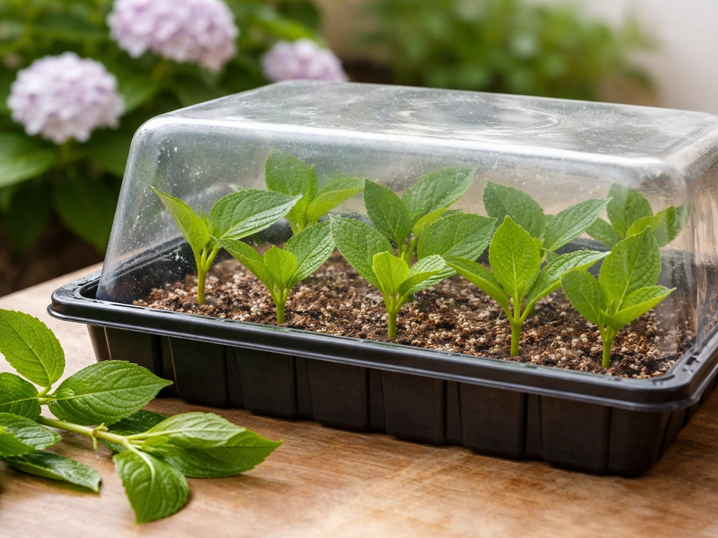 Tray of hydrangea leaf cuttings in moist rooting medium under a clear humidity cover, with a hydrangea plant blurred beh