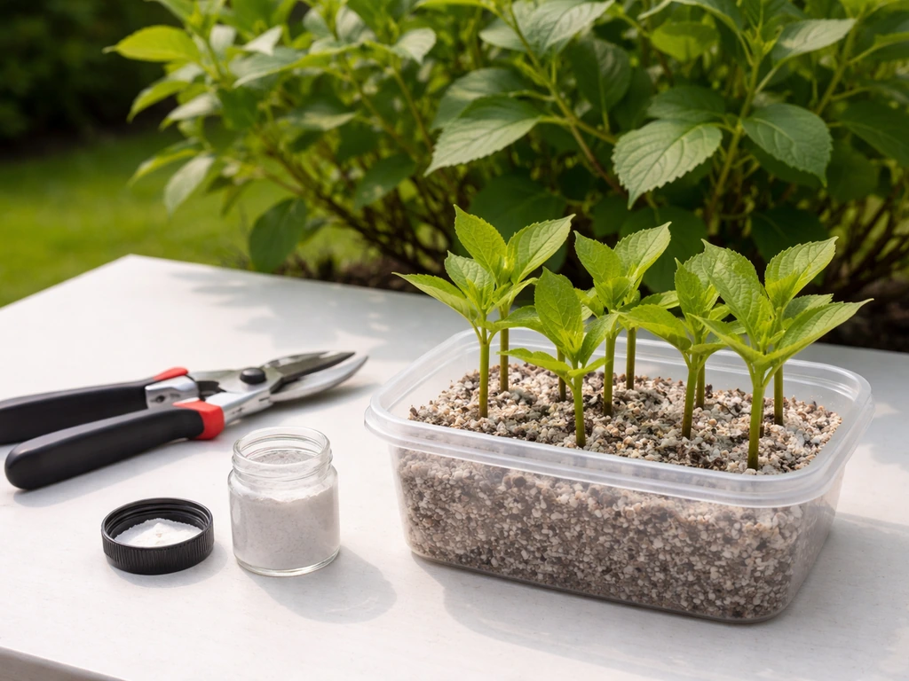 Clean pruners, rooting hormone jar, and a moist propagation tray beside a hydrangea ready for cuttings.