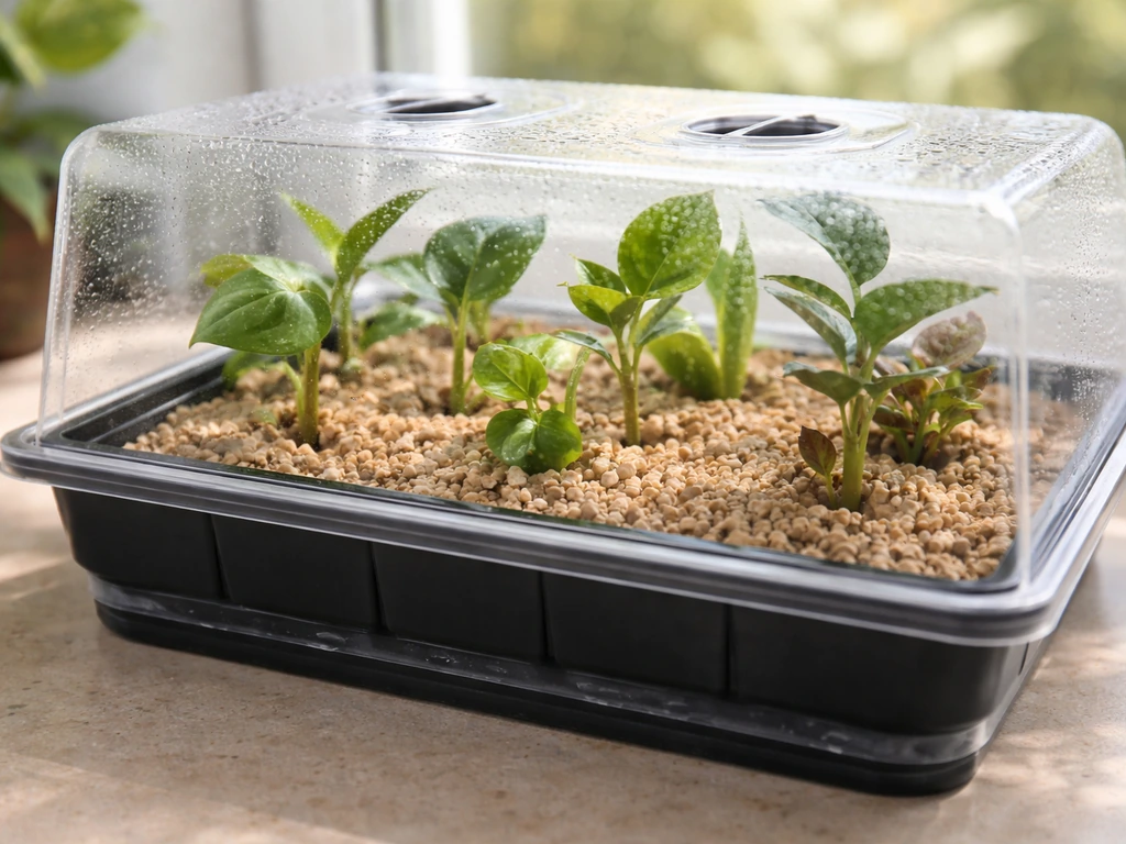 Cut plant cuttings in moist vermiculite inside a humidity dome under bright indirect light.