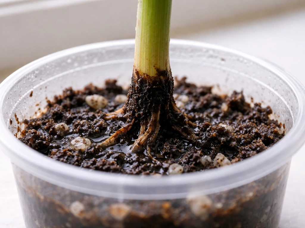 Close-up of a plant cutting’s base with black mushy stem rot in a wet rooting medium