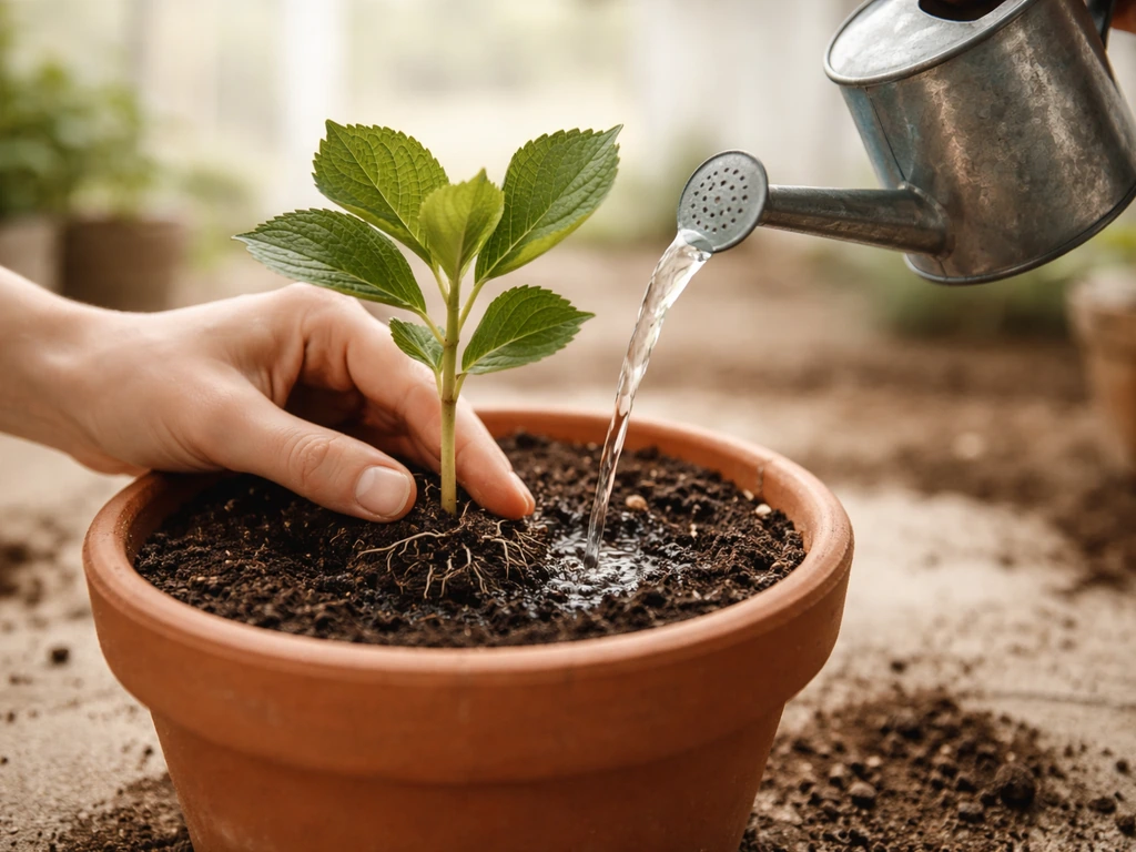 Young hydrangea cutting being transplanted into a larger pot with fresh potting mix and watered.