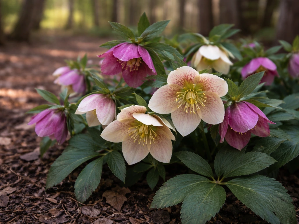 Blooming hellebores in dappled woodland-edge shade, flowers and leaves in sharp close-up.