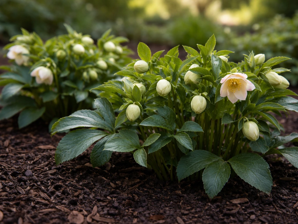 Healthy hellebore plants with glossy evergreen leaves thriving in filtered shade under dappled light.