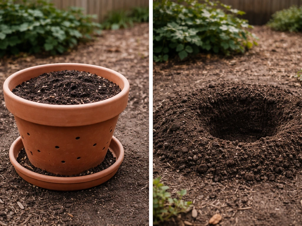 Side-by-side view of a drainage-holed pot on a tray and an amended in-ground planting hole for drainage.