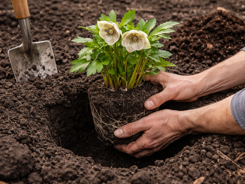 Hands placing a hellebore root ball into a dug planting hole at correct crown height.