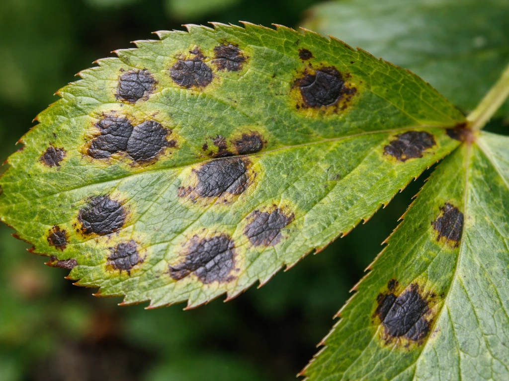 Close-up of a hellebore leaf showing dark irregular fungal spots and mottled texture.