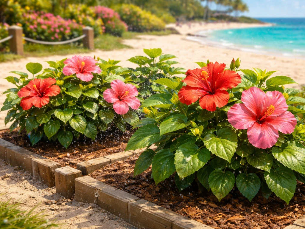 Sunlit hibiscus plants blooming in seaside resort planting plots with beach sand nearby.
