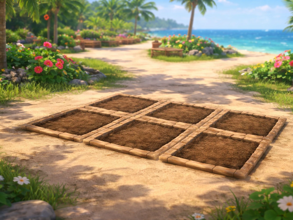 Minimal seaside resort garden view showing empty hibiscus plot placement spots on the ground.
