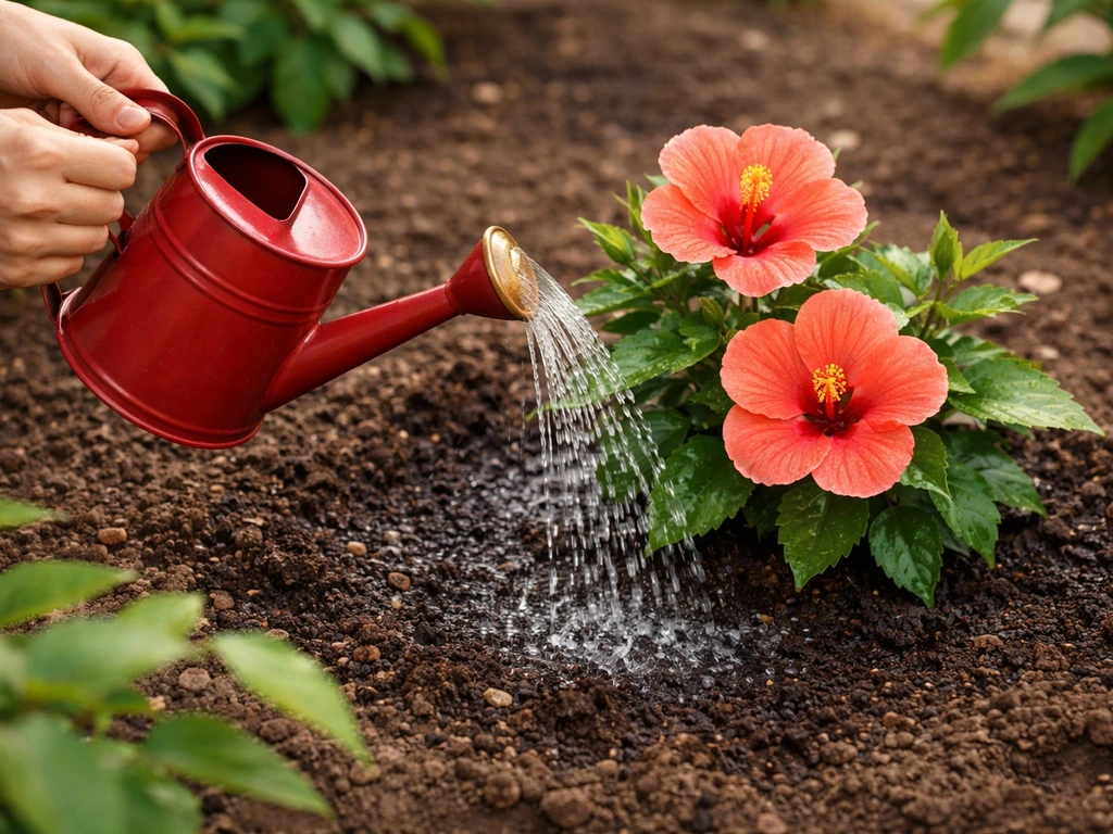 Close-up of a watering can pouring water onto hibiscus plants in a small garden plot