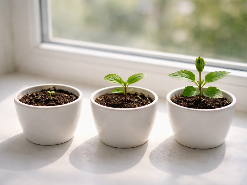 Three hibiscus pots on a windowsill showing seedling, sprout, and a small bud in natural light.