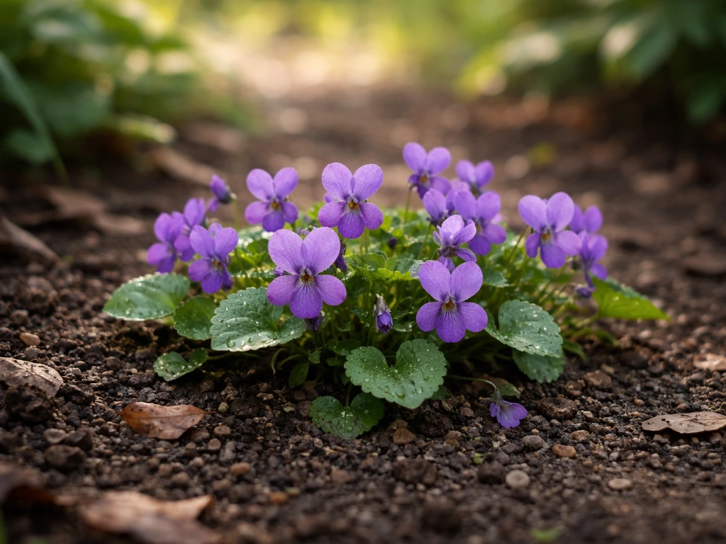 Close-up of wild violets blooming in cottage-garden soil with leaf litter in soft partial shade