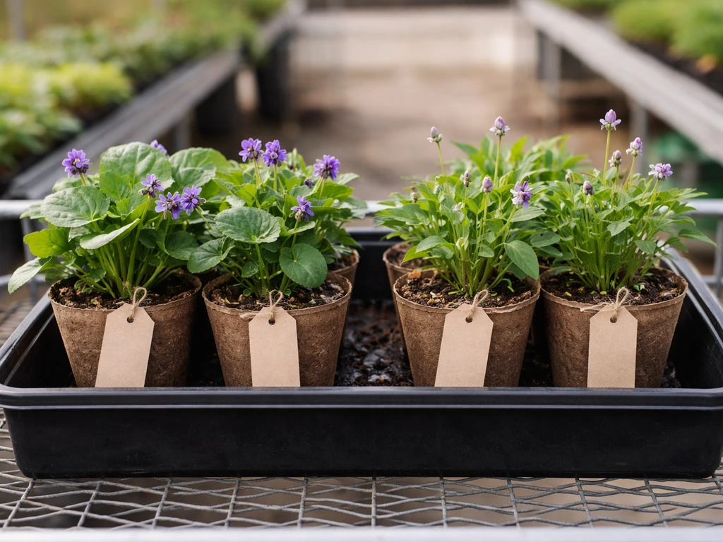Two potted violet plants labeled by tag: sweet violet and wild violet seedlings in a nursery tray.