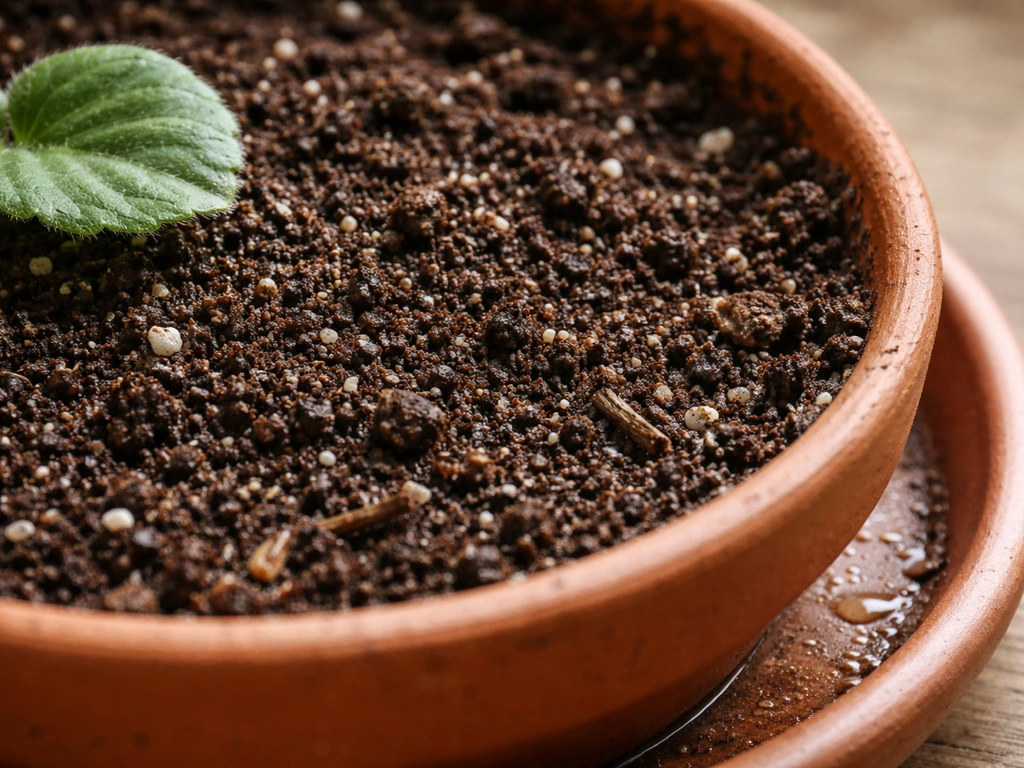 Close-up of well-drained amended soil with compost flecks and tiny drainage droplets, no pooling water.