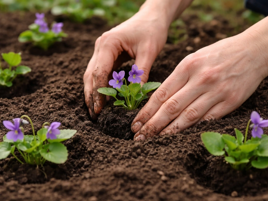 Hands placing violet transplants into small holes with proper spacing and depth in a garden bed.