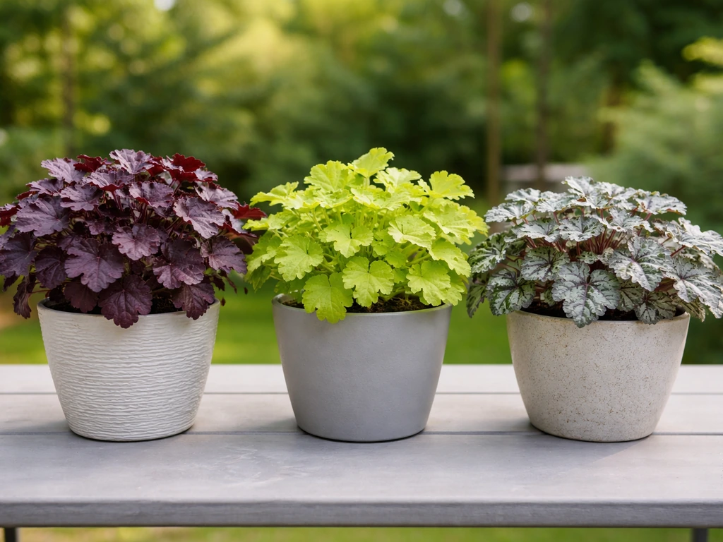 Three potted heuchera plants showing burgundy, lime green, and silver-splashed foliage.
