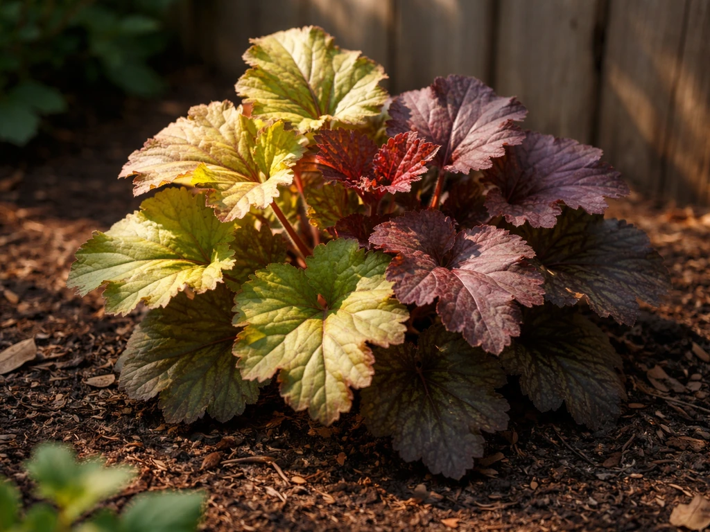 Heuchera leaves in morning sun with afternoon shade near a fence, showing healthy and stressed foliage