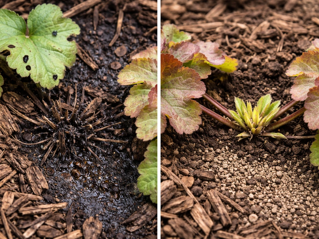 Side-by-side heuchera: healthy crown vs crown rot with mulch spacing and a leaf showing weevil notches.