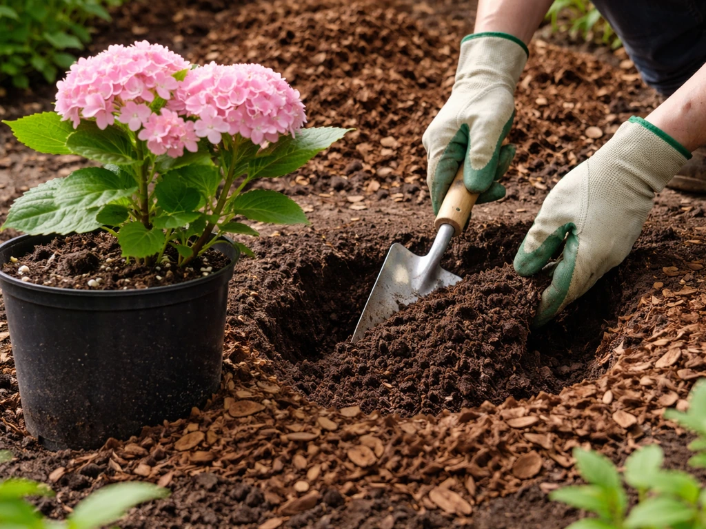 Hydrangea planted with amended soil and correct hole depth