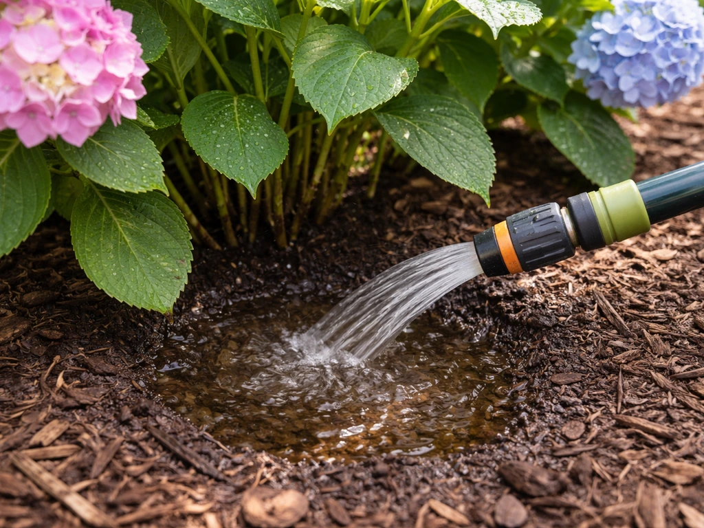 Deep watering hydrangea with a hose at the base