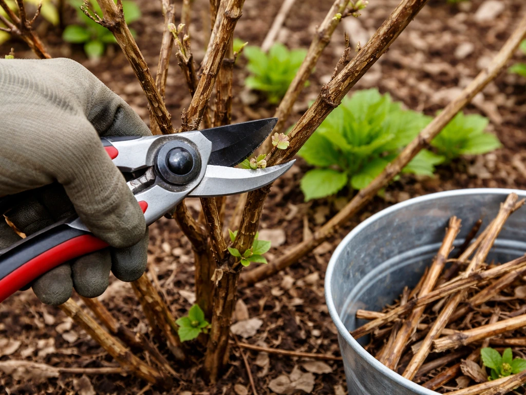 Pruning shears cutting stems of an old-wood hydrangea