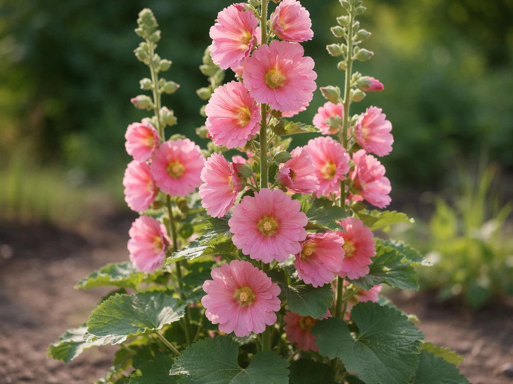 Tall hollyhock in bloom with visible flower stalks and leaves in a simple garden bed