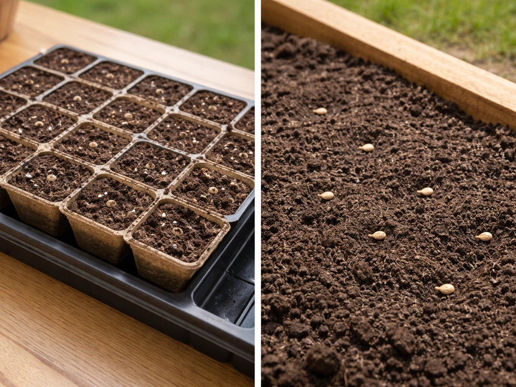 Side-by-side indoor seed cells and an outdoor sowing bed with hollyhock seeds lightly pressed in soil.