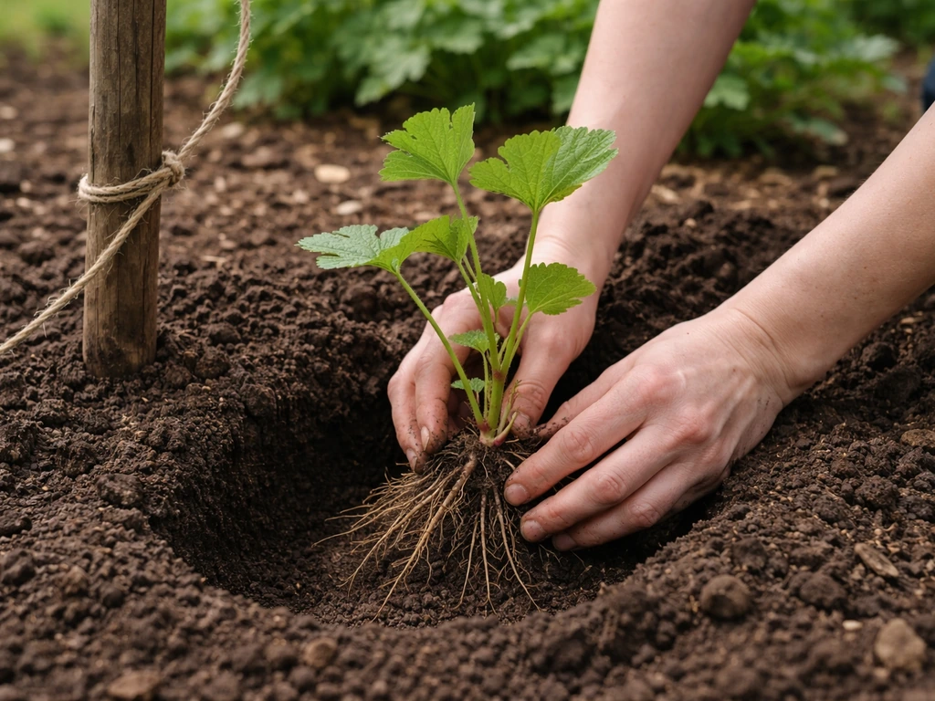 Hollyhock plant being set into a prepared garden hole, with a support stake nearby.
