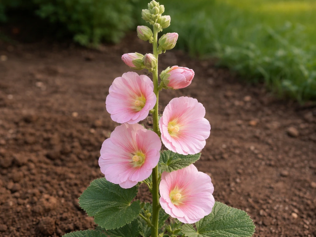 Hollyhock stalk with lower flowers open and higher buds still forming in a simple garden setting.