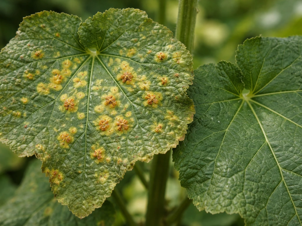 Close-up of hollyhock leaves with yellow spots and orange-brown rust pustules next to a healthier leaf area