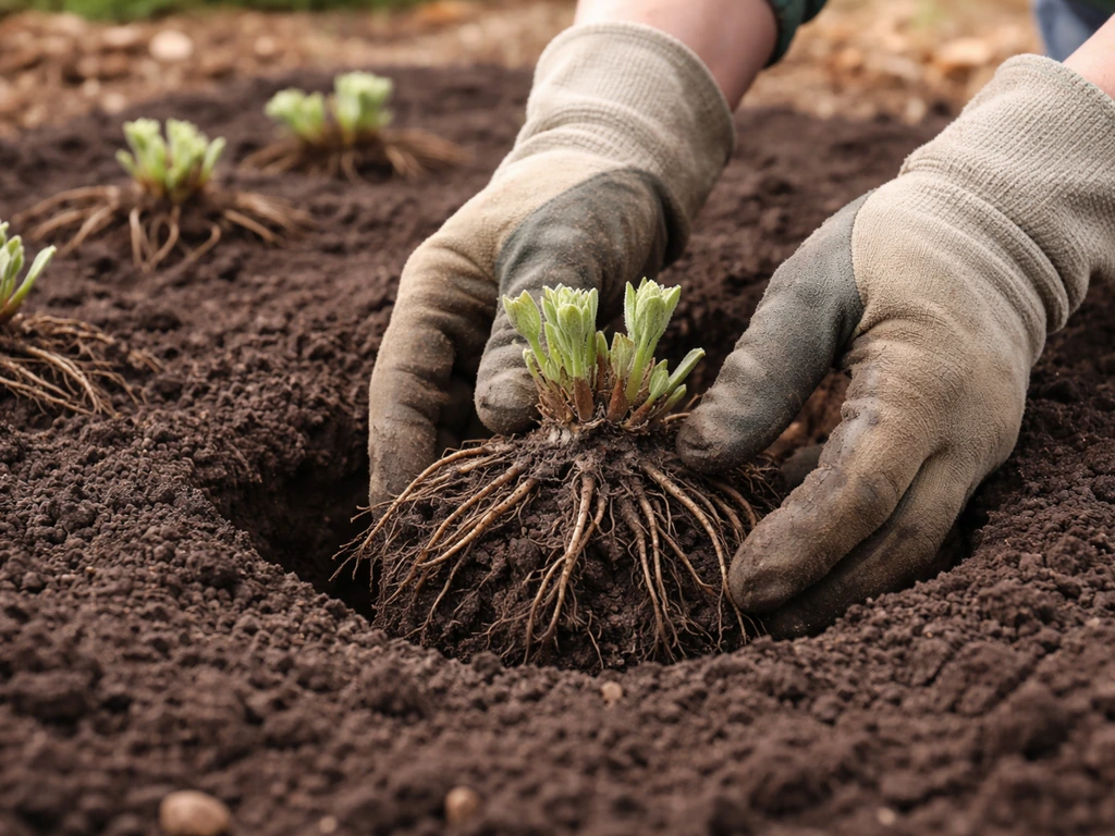 Gloved hands planting hollyhock crowns at the correct depth in prepared soil.