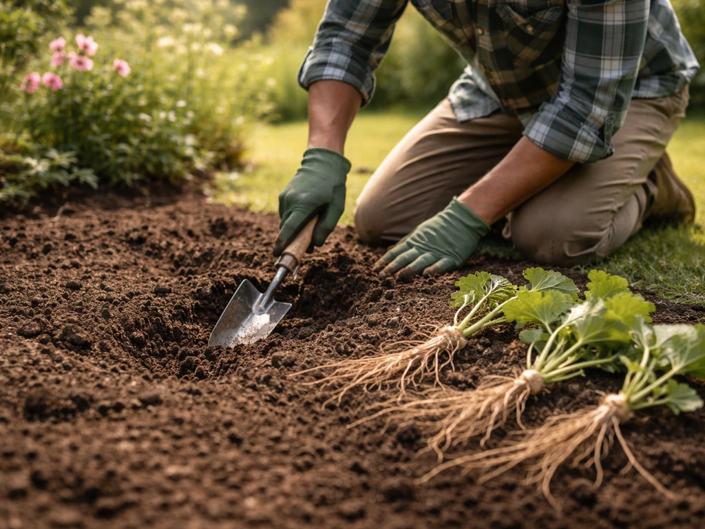 Gardener kneels in sunny soil preparing a bed and placing bare-root hollyhocks after last frost.
