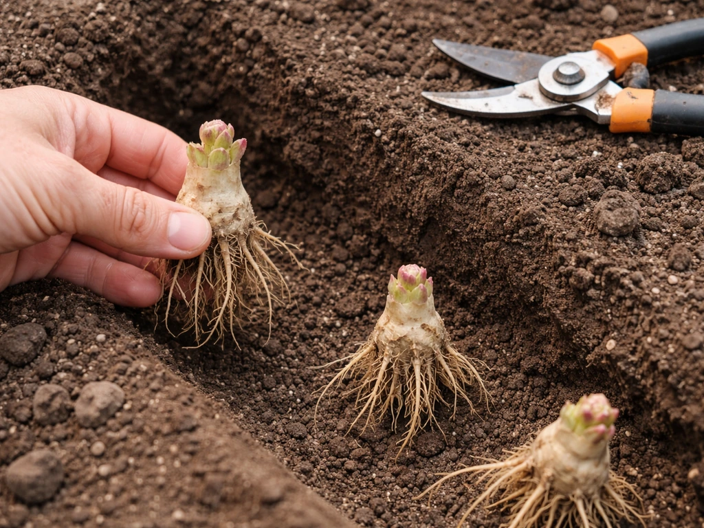 Bare-root hollyhock crown pieces laid in a shallow trench, trimmed roots inspected before planting.