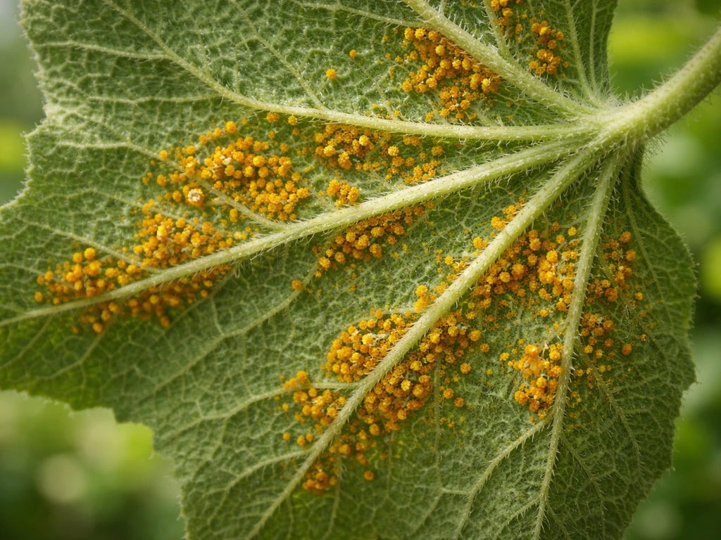 Close-up of a hollyhock leaf underside with orange-yellow rust pustules for easy identification