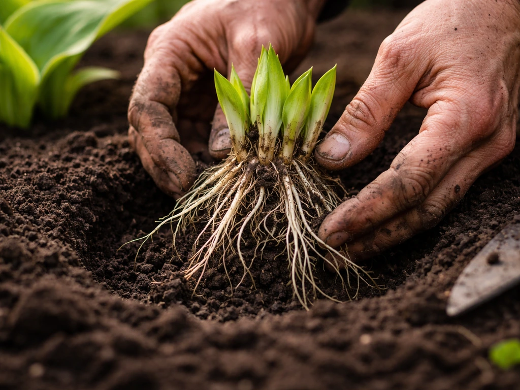 Bare-root hosta crown with visible roots being placed into a soil bed for rooting.