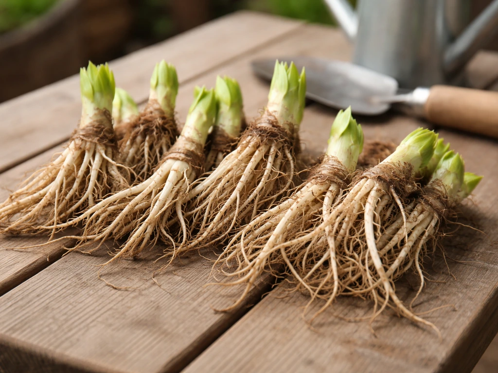 Bare-root hosta crowns with intact roots resting on a wooden bench, with a trowel and watering can nearby.