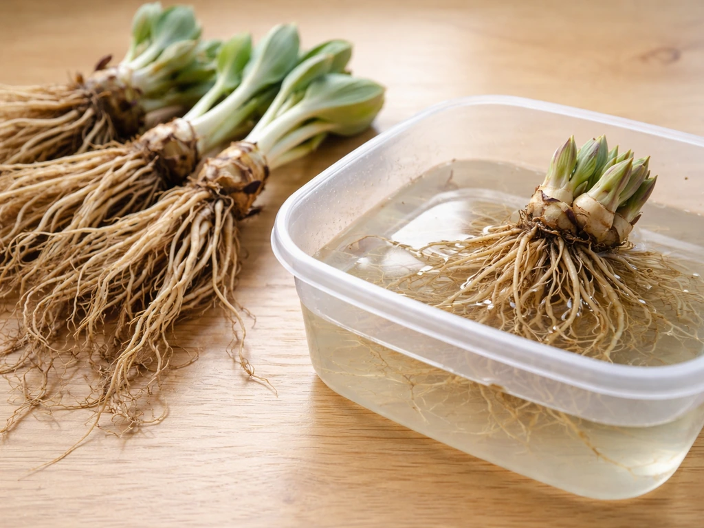 Close-up of bare-root hosta crowns and roots being inspected, then submersed in water for soaking.