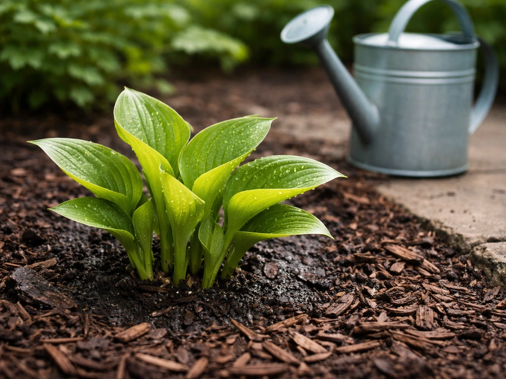 Fresh hosta leaves emerging from soil with mulch around the base and a watering can nearby