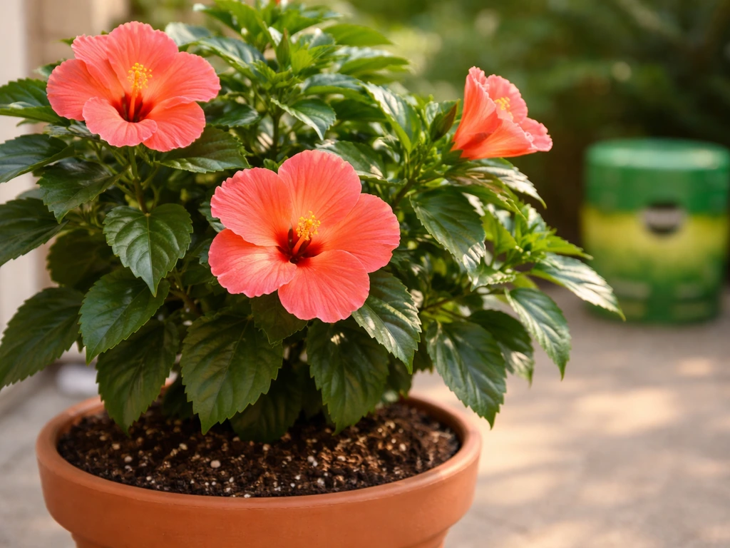 Close-up of flourishing potted hibiscus leaves and blooms with a Miracle-Gro container blurred in the background.