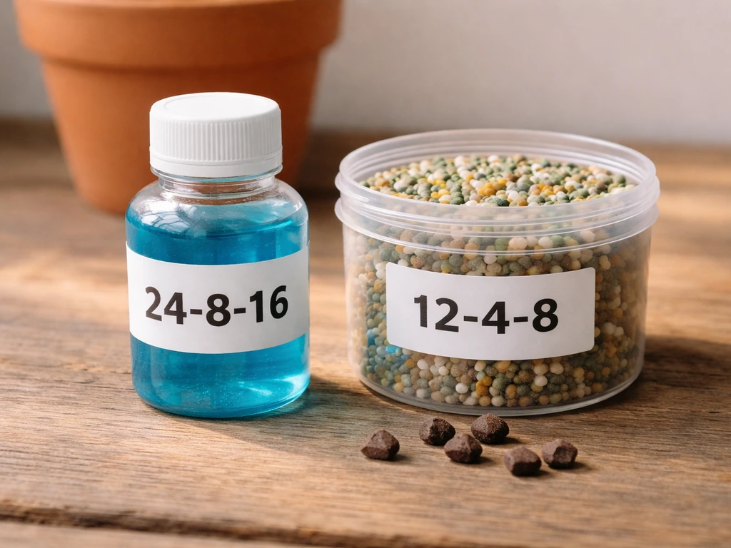 Top-down tabletop view of two fertilizer containers with visible generic N-P-K numbers and granules.