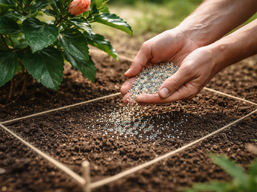 Hand sprinkling granular fertilizer into the top inch of soil around an outdoor hibiscus bush