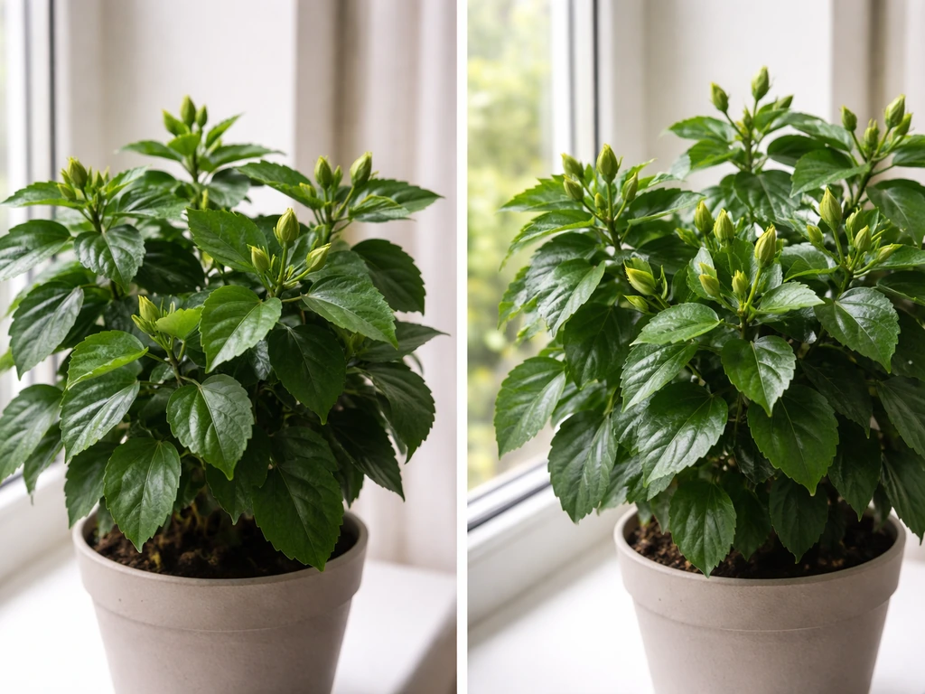 Close-up hibiscus leaves and new buds on fresh growth with deep green foliage, split for before/after effect.