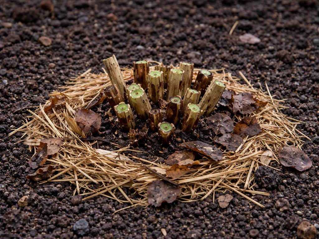 Delphinium crown in winter garden soil, cut back and covered to prevent waterlogging.