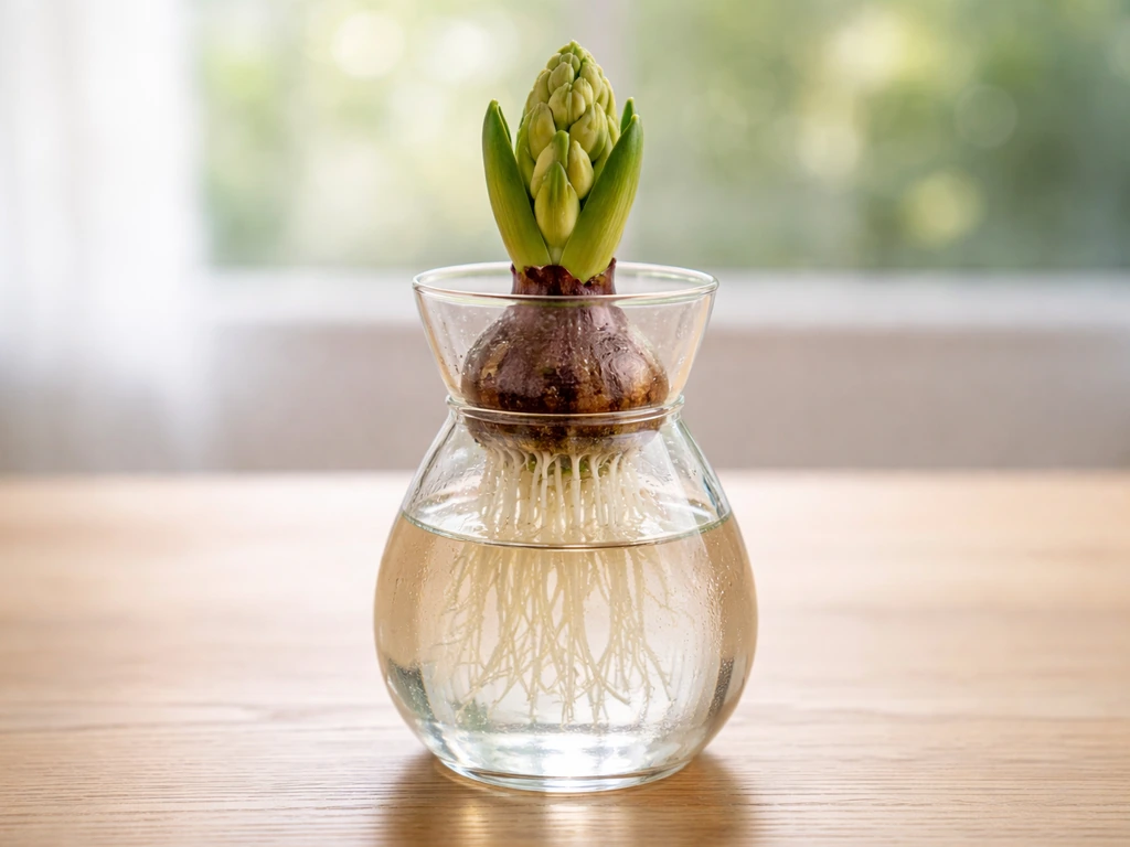 Single blooming hyacinth bulb in a clear water vase with visible waterline and roots in water.