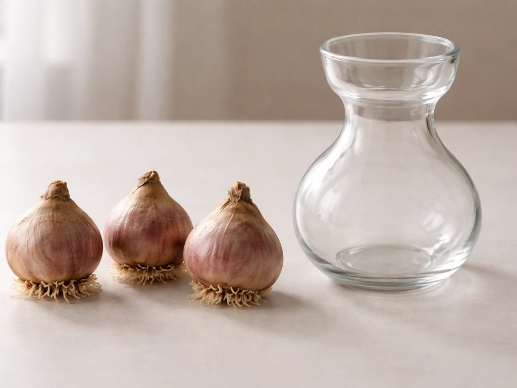 Close-up of forcing hyacinth bulbs beside a clear glass vase for water forcing