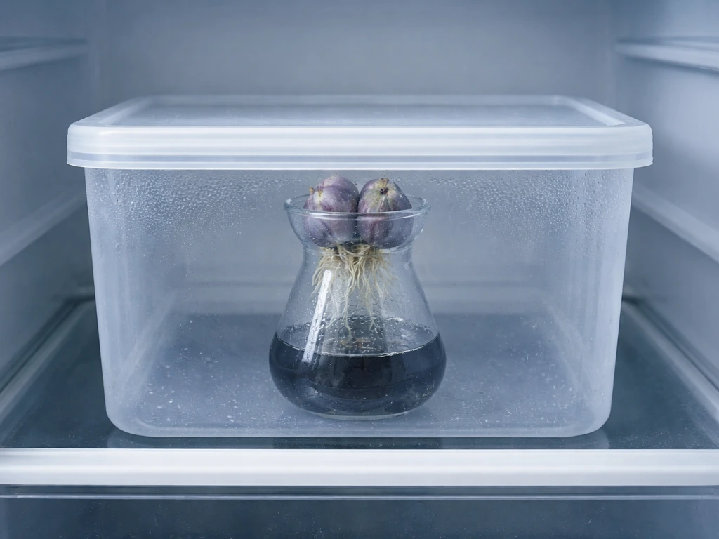 Hyacinth bulbs in a vase inside a refrigerator drawer, sealed in a clear container for cold rooting.