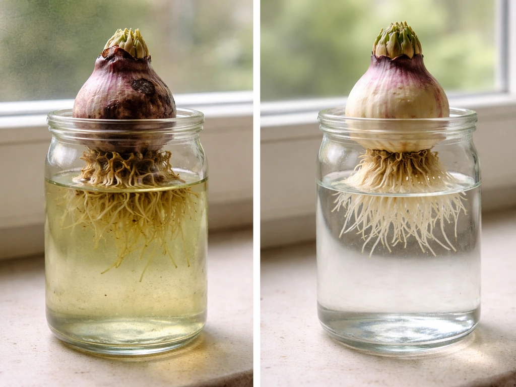 Side-by-side hyacinth forcing jars: left shows bulb-base rot and cloudy greenish water; right shows clean bulb above wat