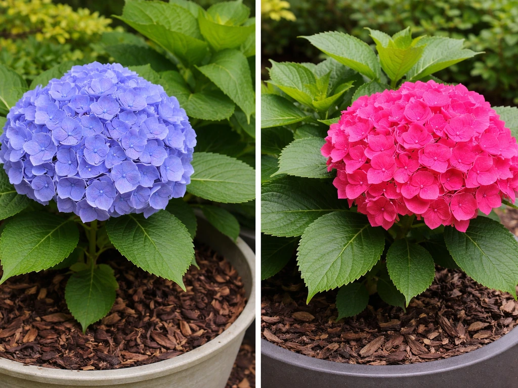 Two hydrangea blooms with different colors showing soil pH effect