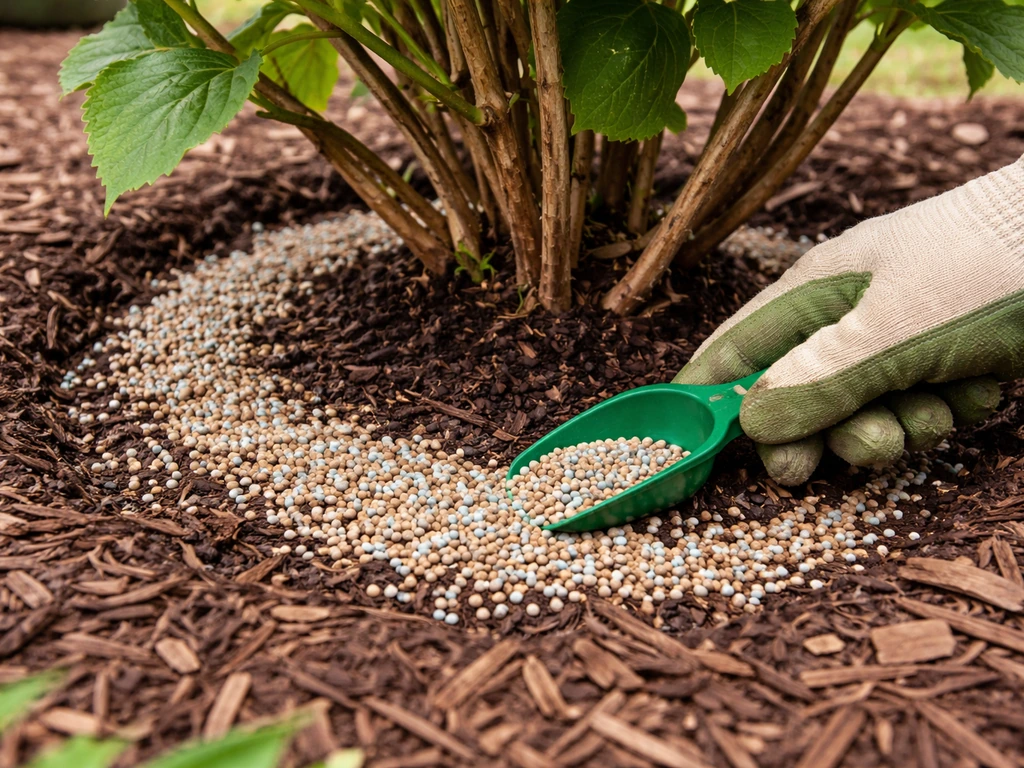 Slow-release fertilizer being spread around a hydrangea base
